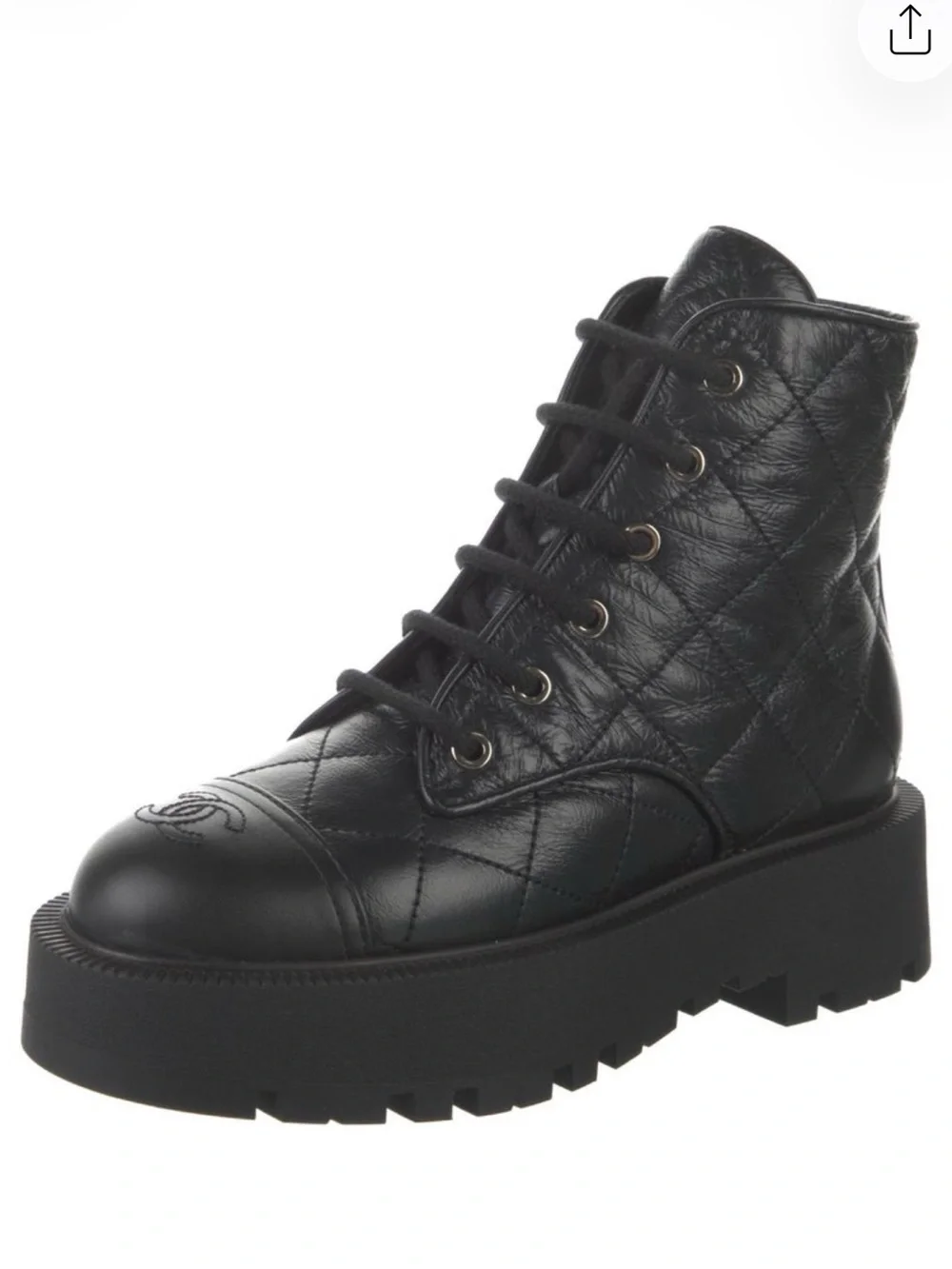 CHANEL Black Quilted Leather Lace-Up Platform Ankle Boot